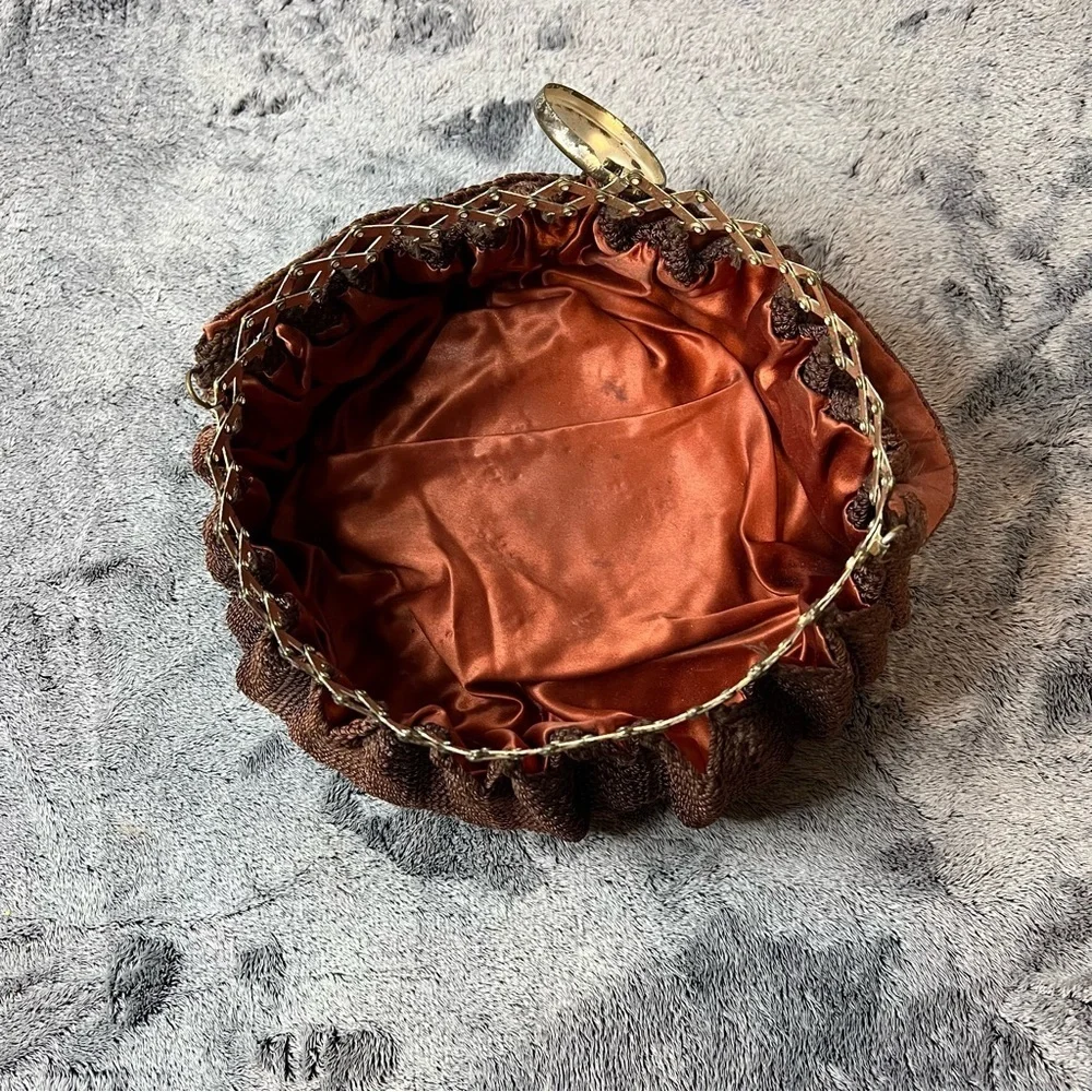 Victorian Brown Crochet Reticule Purse with Ornate Hinged Metal Lid
